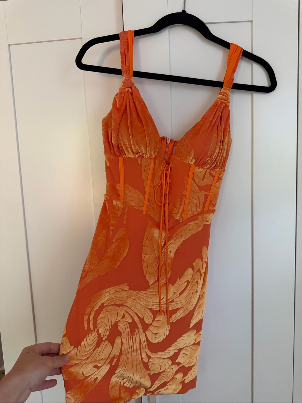Oh Polly Orange Velvet Corset Mini Dress UK 8 US 4 Textured Lace Up Bodycon - Picture 7 of 7